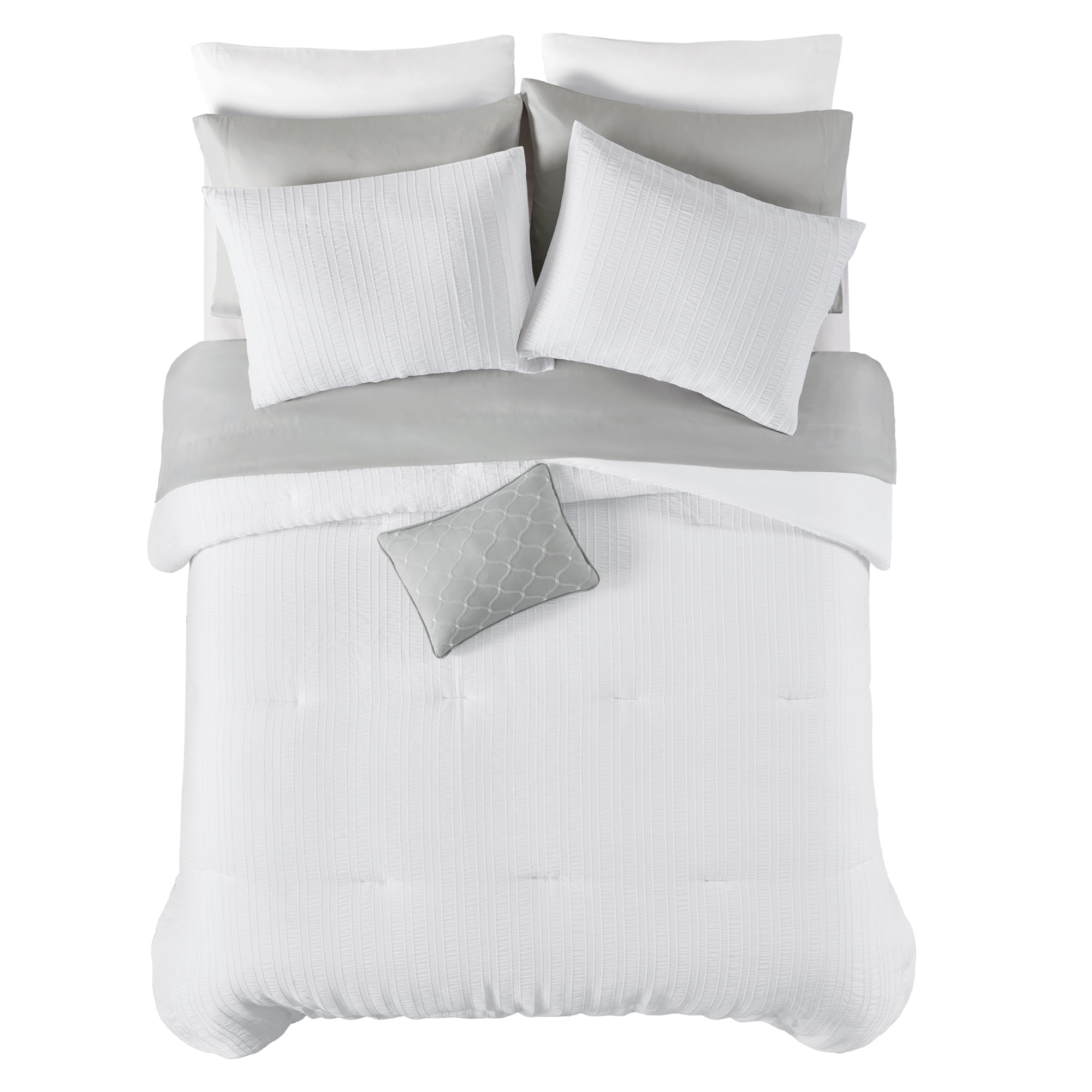Mainstays 11-Piece Bed-in-a-Bag Comforter Set with Sheets, White Seersucker, Queen