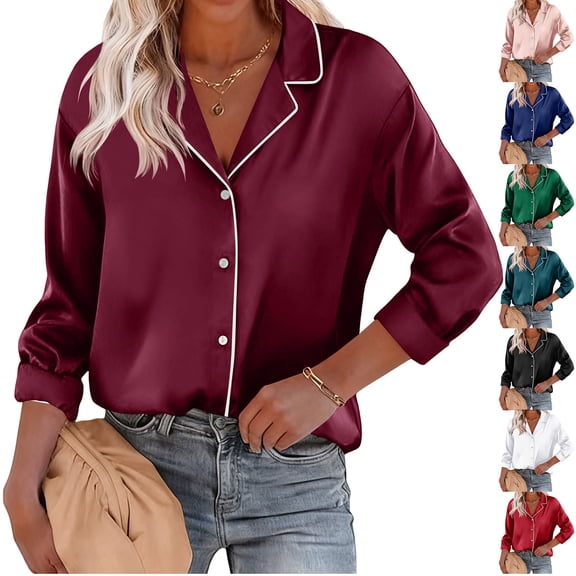 Tqyyweavej Satin Pajama Shirts for women Silk Botton Down Solid Color T-shirts Lapel Collar Casual Womens Long Sleeve Tops S-2XL