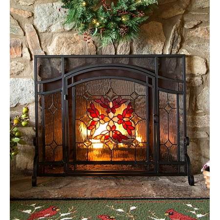 Amber Crimson Stained Glass Fire Screen W Door 38w X 31h