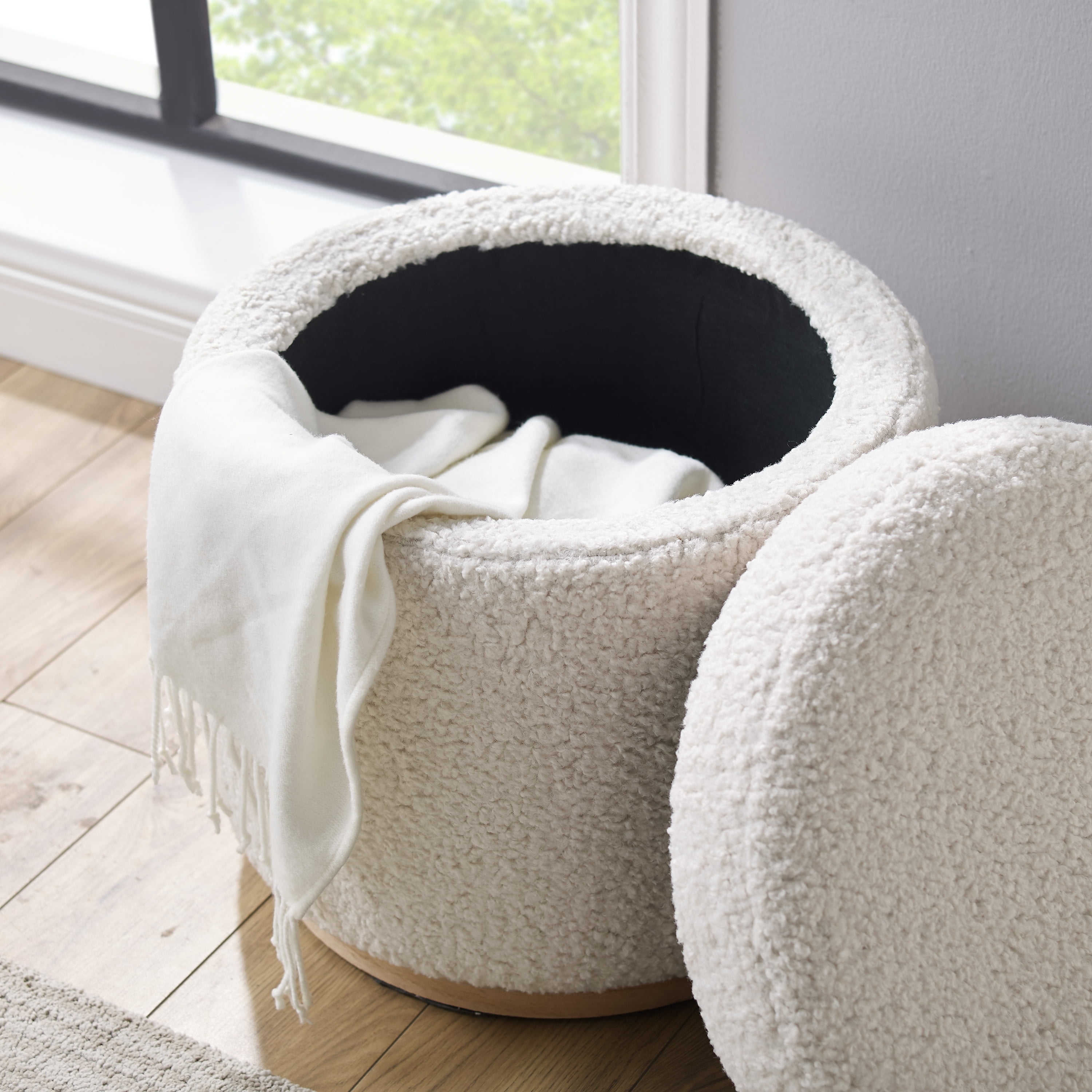 Linon Primrose Faux Sherpa Storage Ottoman, Natural