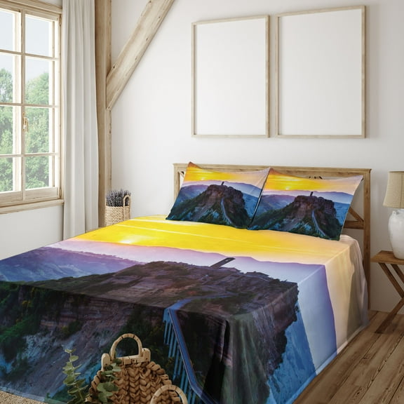 Ambesonne Italy Fitted & Top Sheet Set with Shams, Historical Castle Town, Multicolor