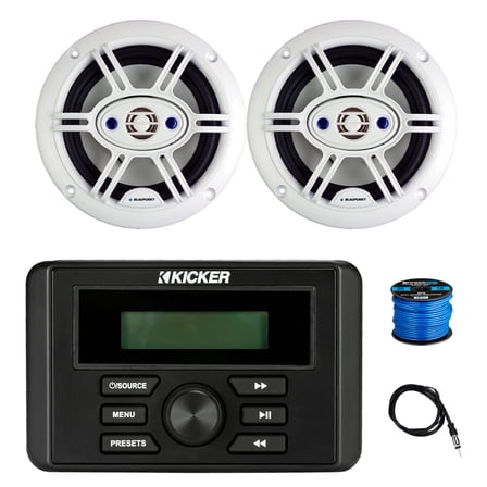 Kicker KMC3 Weather-Resistant Gauge-Style Bluetooth Digital Media Receiver, 2x 6.5" 240 Watt 4-Way Outdoor Speakers (White) w/Wire, Radio Antenna