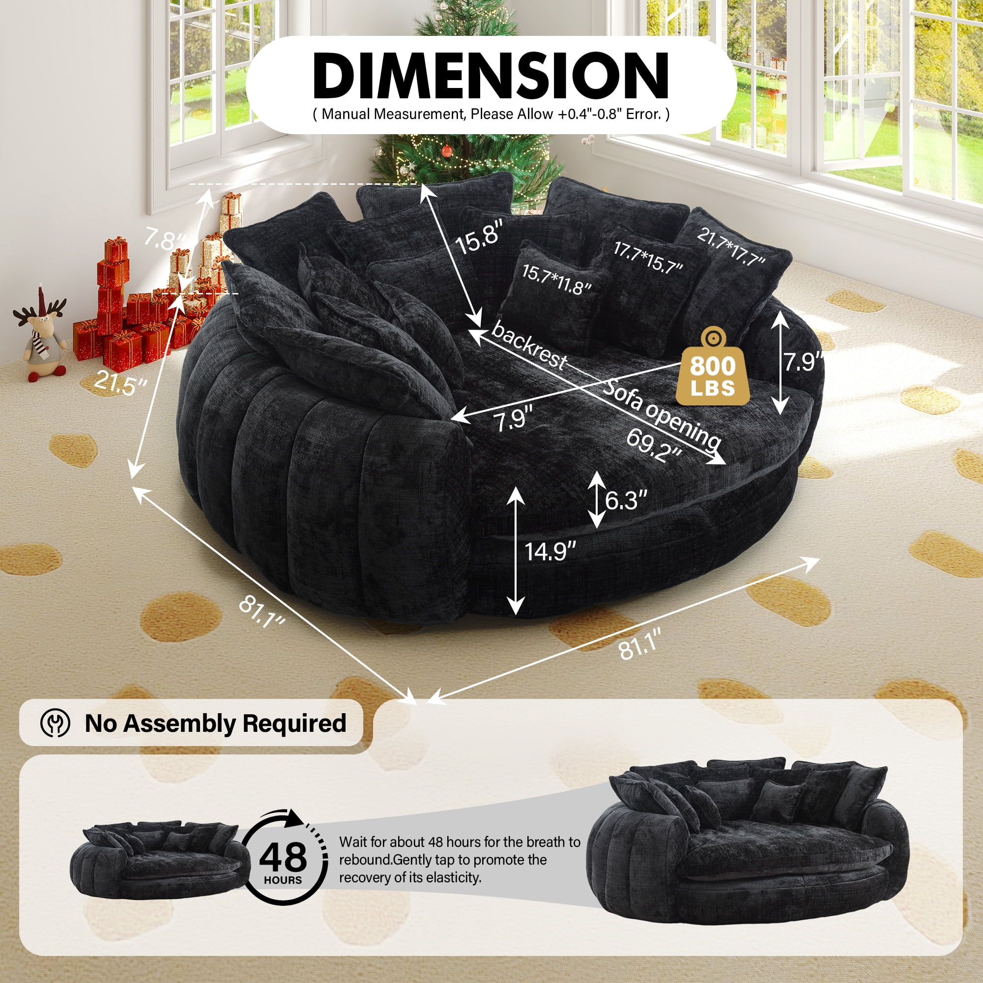 Aukfa 81" Oversized Round Chaise Lounge Sofa Bed, Modern Chenille Cloud Couch with Deep Seat, 14 Pillows, Assemble-Free, Black