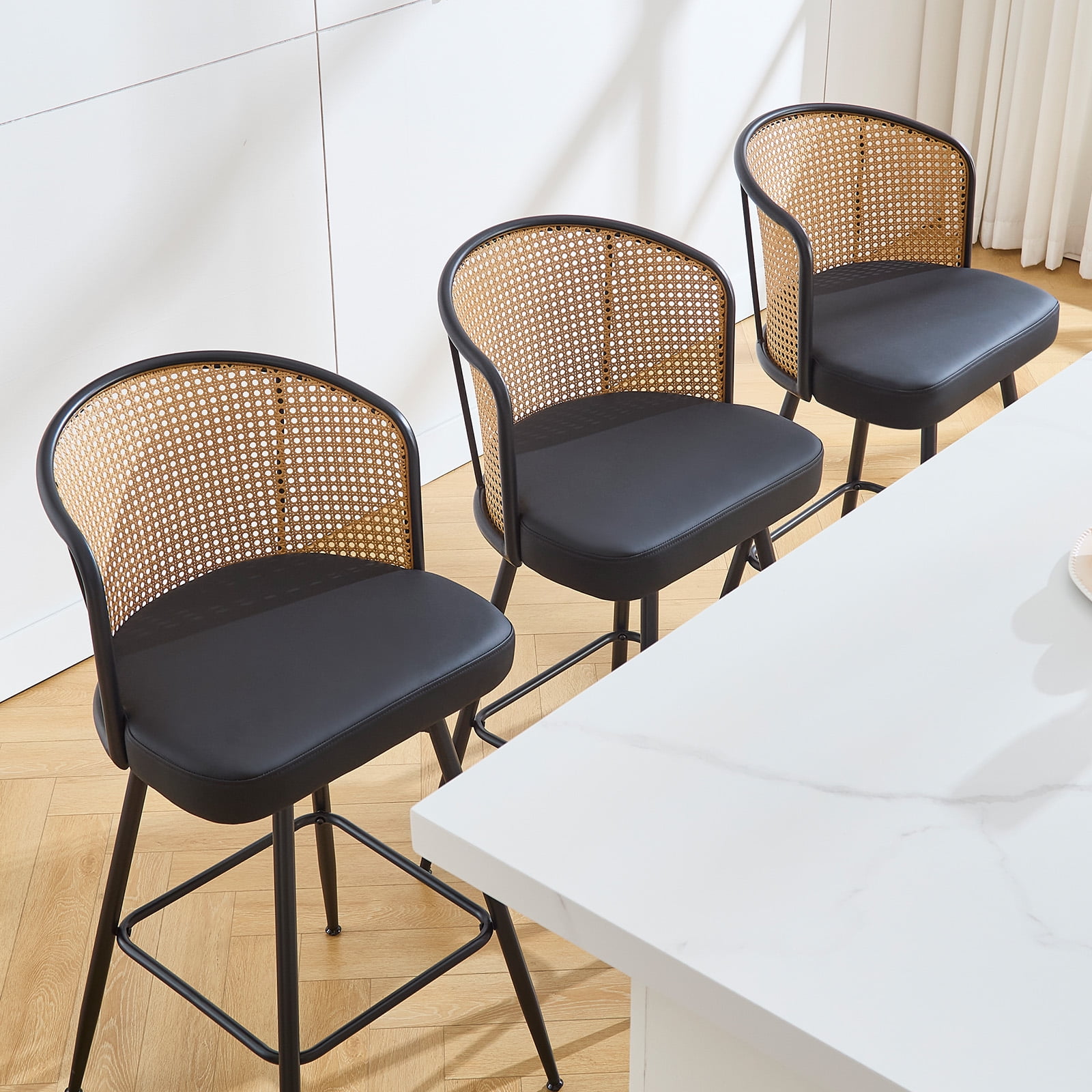 ANMINY Rattan Swivel Bar Stools Set of 3, 26" Counter Height with Rattan Back and Metal Legs, Mid-Century Modern Armless Faux Leather Barstools Seat, Upholstered Counter Stools for Kitchen Island