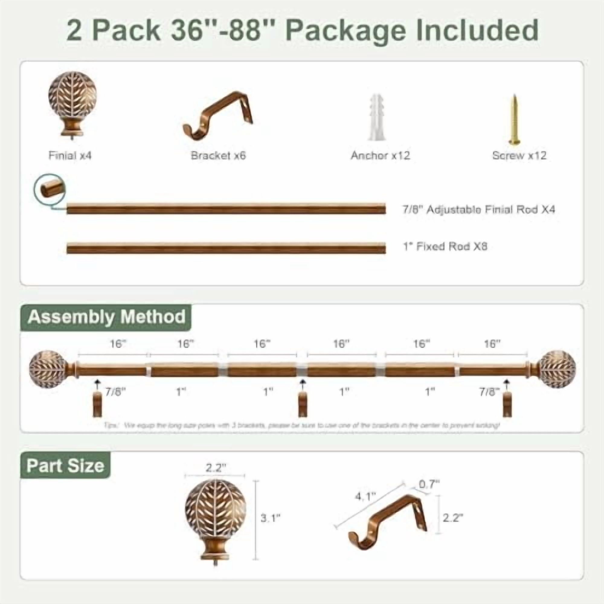 2 Pack Gold Curtain Rods for Windows 48 to 84 Inch,1'' Diameter Drapery Rods with Imitation Wood Grain Leaf Pattern Finials,Boho Adjustable Heavy Duty Curtain Rods Set,36-88'',Antique-Gold Wood
