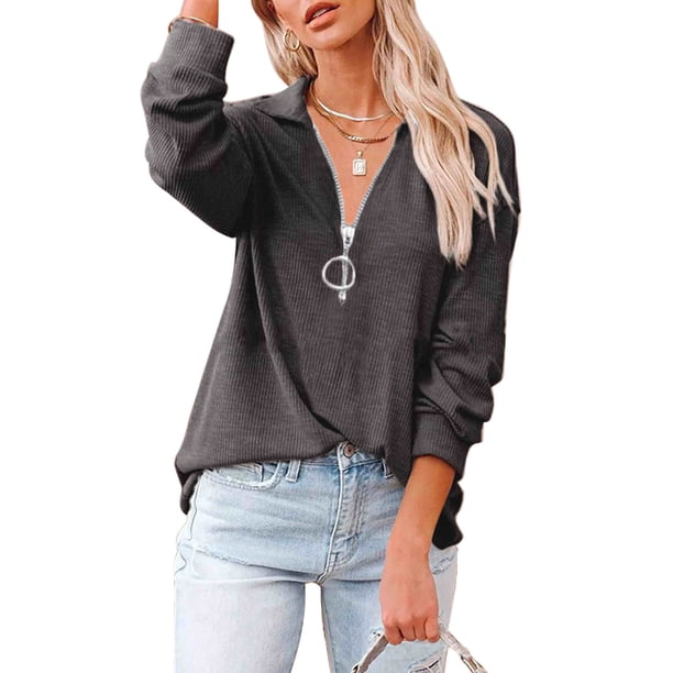 Qarigey Túnica con cremallera para mujer, cuello en V profundo, manga larga, túnica informal, blusas holgadas, trajes de verano Prendas para la parte del cuerpo Gris L