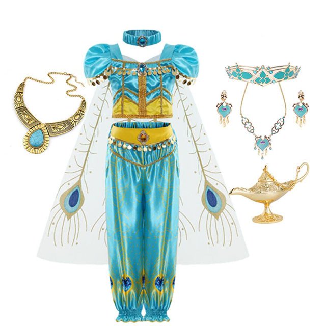 Vestido de jazmín para niñas, disfraz de princesa Aladino, disfraz de fiesta de cumpleaños para niños, Top + pantalón + diadema, conjunto de Vestidos, ropa 5-6T (etiqueta 130) Gao Jinjia LED