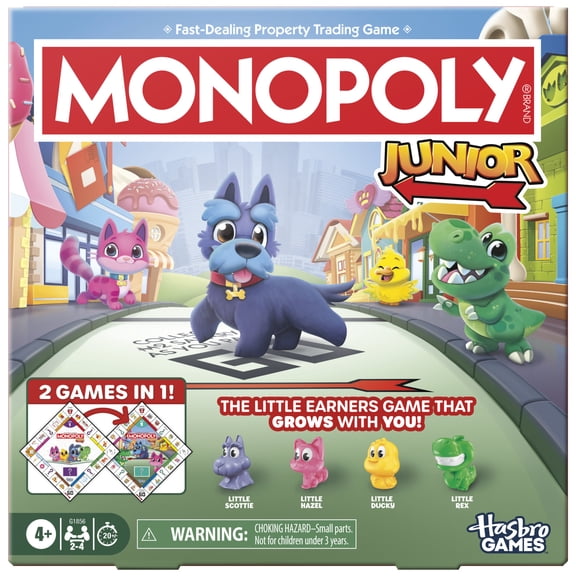 Monopoly Junior Board Game (2026), 2 Games in 1, 2-Sided Board, Preschool Game for Kids 4 