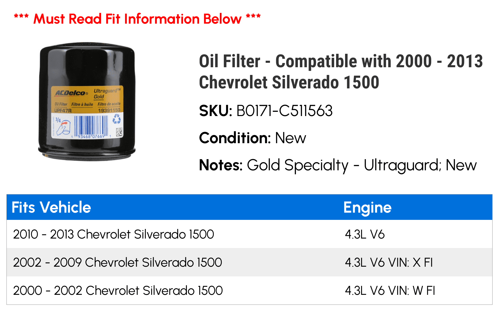 Oil Filter - Compatible with 2000 - 2013 Chevy Silverado 1500 2001 2002 2003 2004 2005 2006 2007 2008 2009 2010 2011 2012