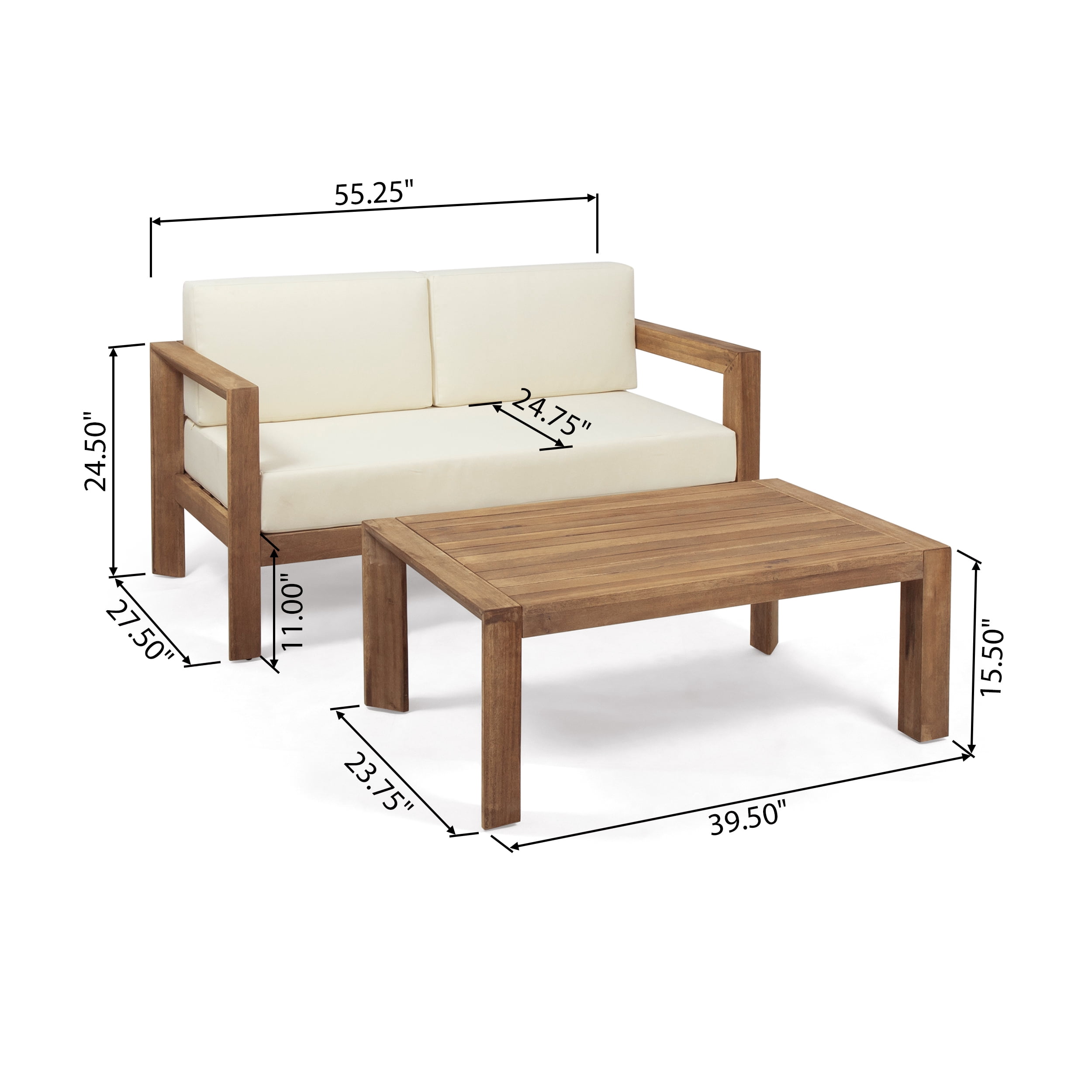 Euroco Modern Outdoor Loveseat and Coffee Table Set, Acacia Wood Frame with Water-Resistant Cushions, Open Slat Design, Natural Finish