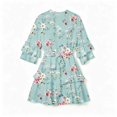 thumbnail image 5 of ClodeEU Women's Floral Print Round Neck 3/4 Bubble Sleeve Waist Tie Ruffle Mini Dress,Elegant Casual Swing Dress Mint Green,Women's Plus XL, 5 of 5