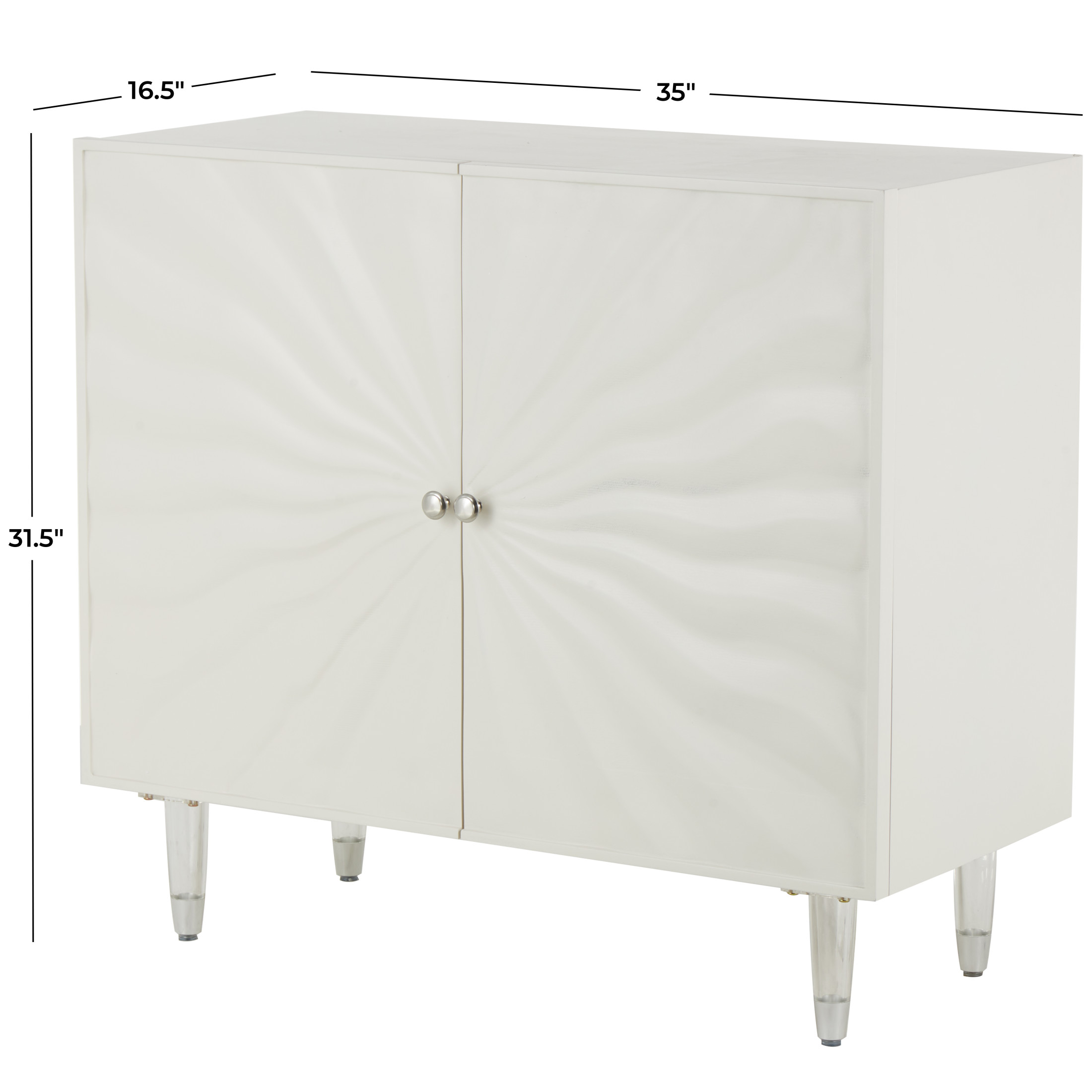 DecMode 35" x 32" White Wooden 2 Door Cabinet with Silver Knobs and Legs, 1-Piece