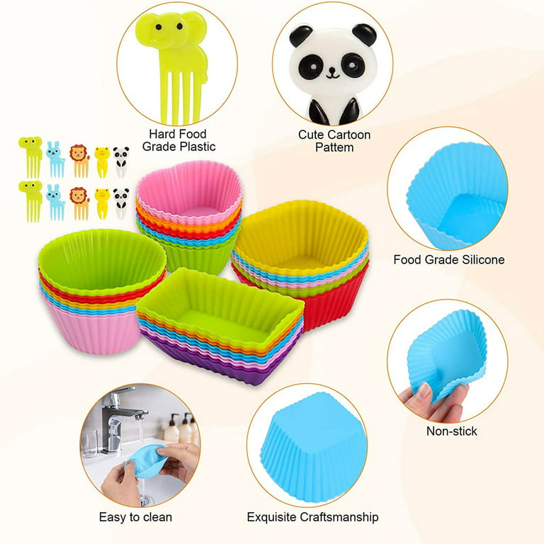 Gpurplebud Silicone Lunch Box Dividers - 45 PCS Bento Box Accessories Set  40 Silicone Bento Box Inserts with 5 Food Fruit Picks Cupcake Liners