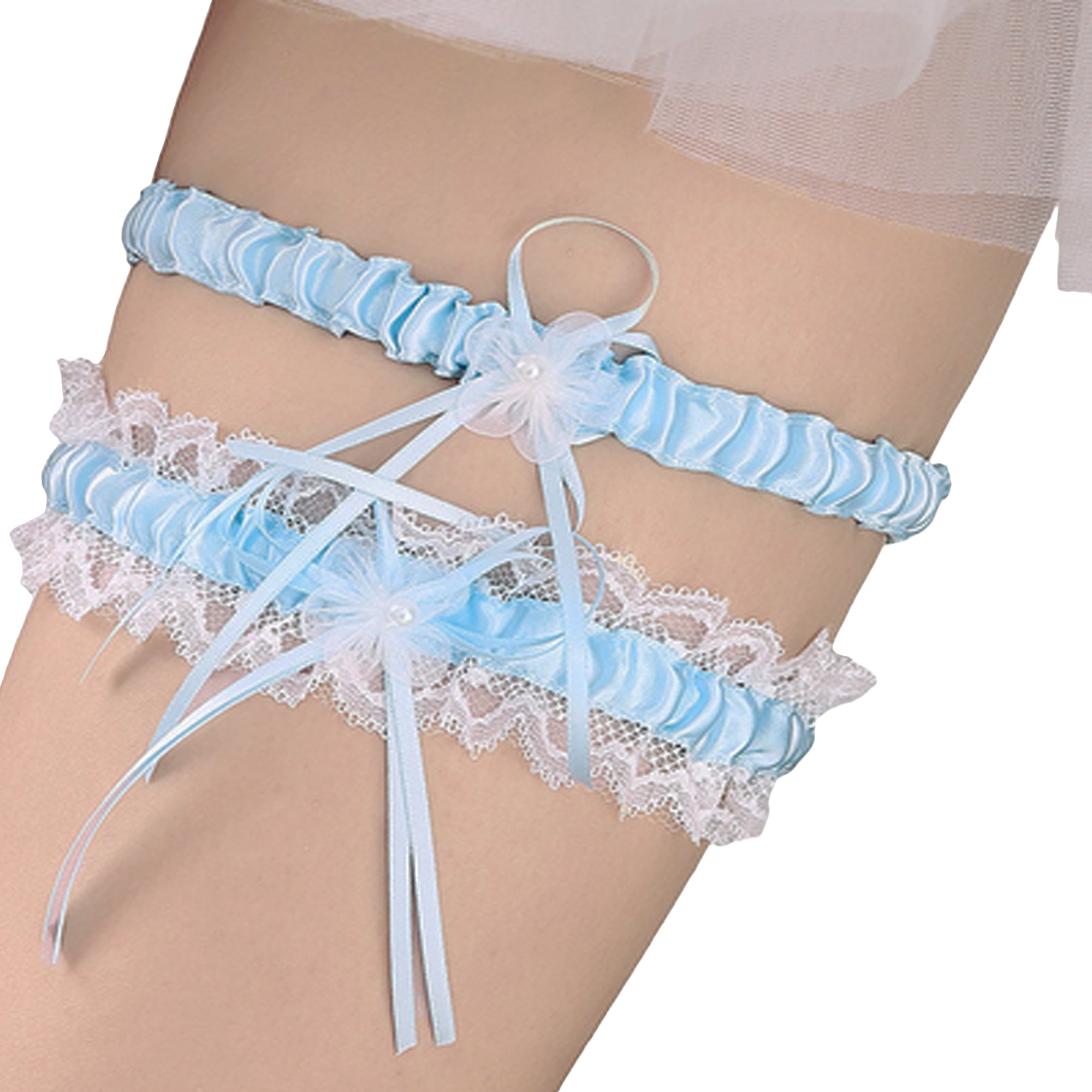 Brides Garter with Fancy Lace and Ribbon Bows and 5 Imitation Pearls