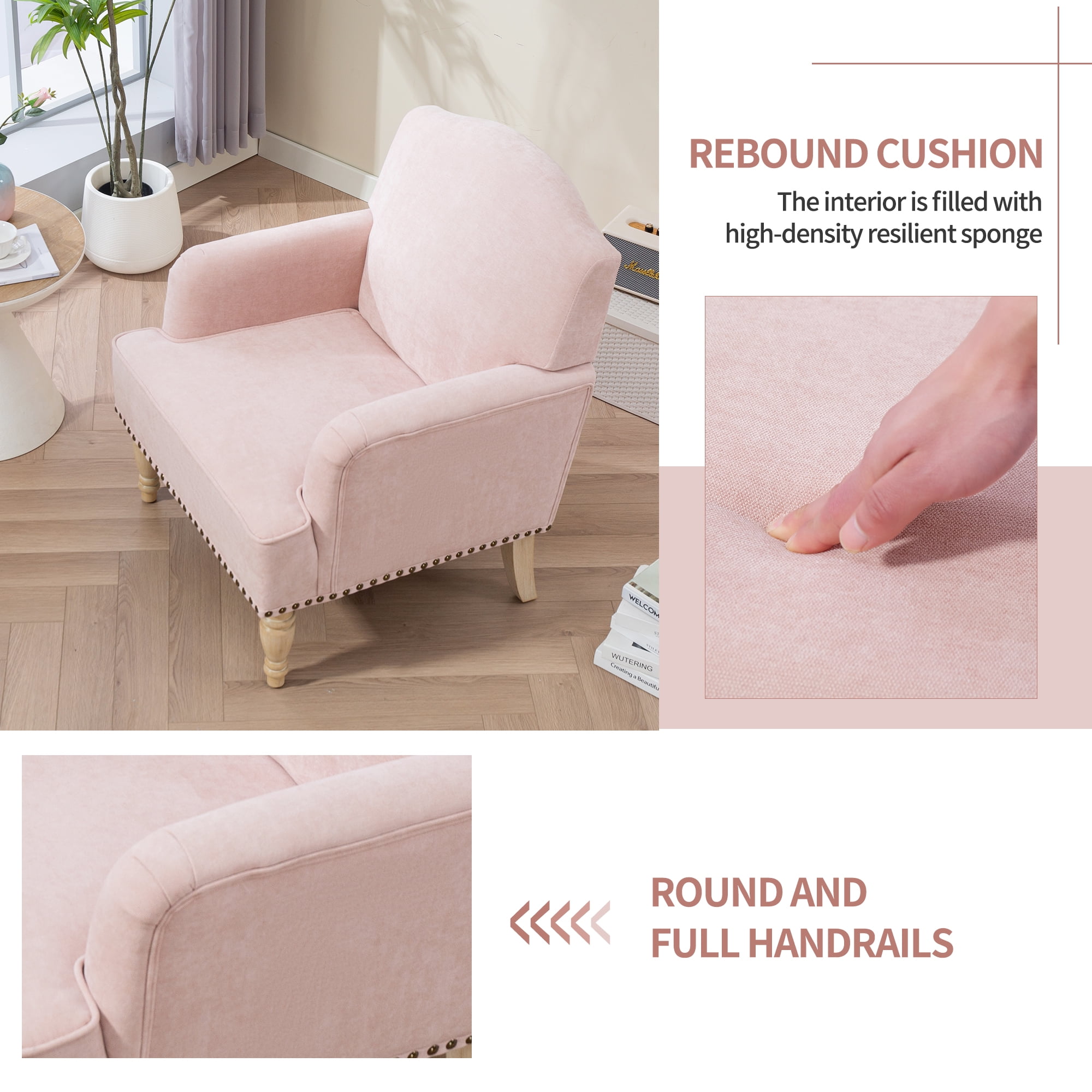 MOONMISS Modern Accent Chair Capacity Retro Wood Legs Nailhead Trim Comfy Upholstered Armchair for Living Room Bedroom,Light pink