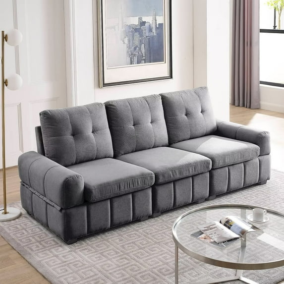 Living Room Sofa, Modern Upholstered Sofa Couch with Underneath Storage Space and Thicken Armrest, 3-Seat Tufted High Back Sofa with Solid Wood Legs for Apartment Compact Living Space, Gray