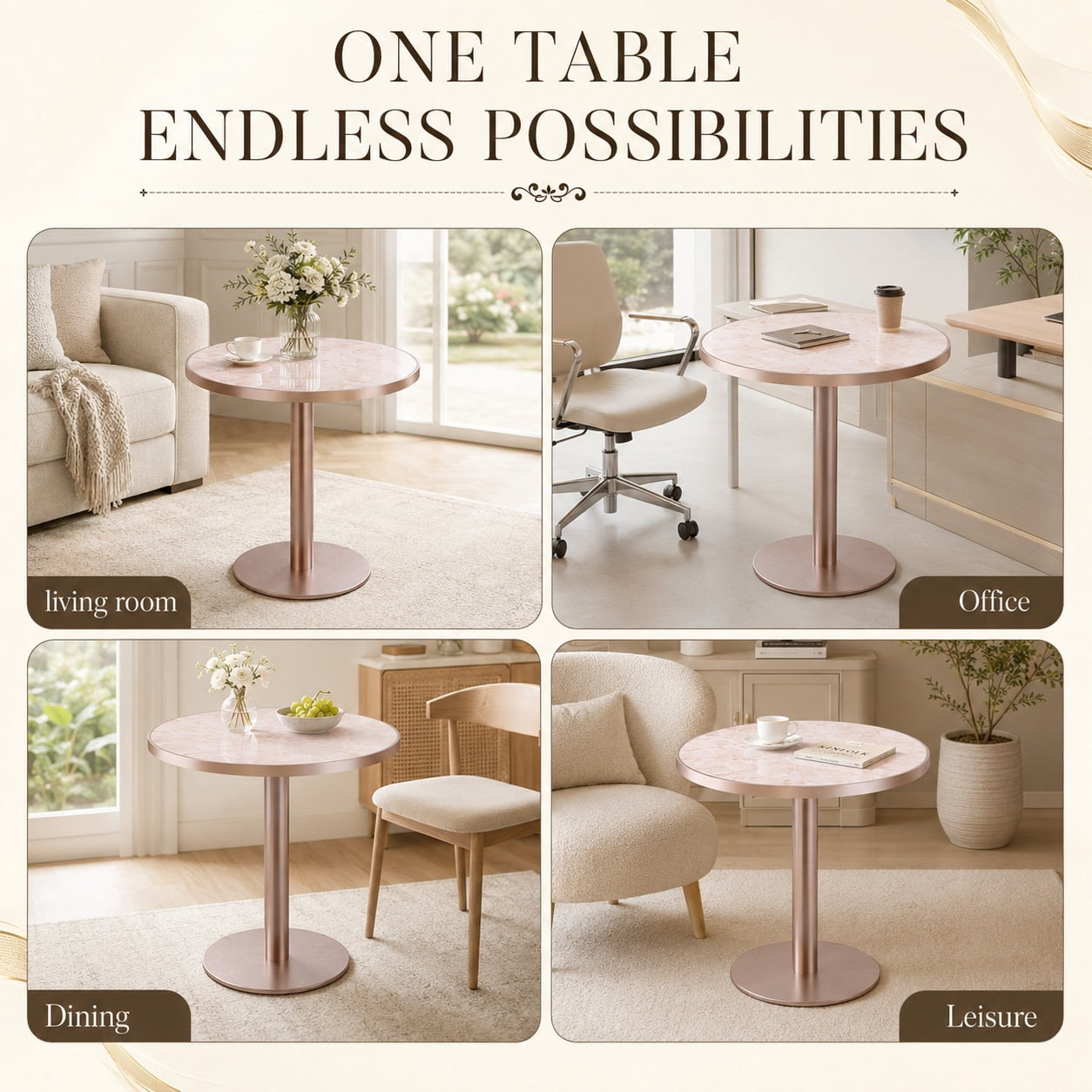 Aukfa 31.5" Round Sintered Stone Dining Table for 2-4, Kitchen Table Tulip Table with Rose Gold Pedestal Base for Bistro Small Apartment,Blush Pink