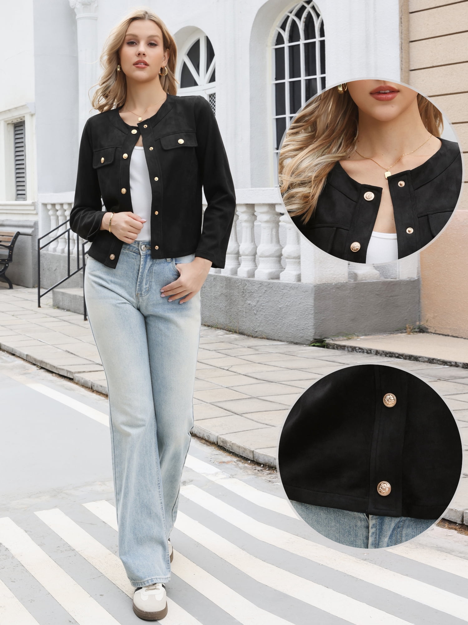 DARING DIVA Women's Faux Suede Long Sleeve Snap Button Collarless Jacket S Black