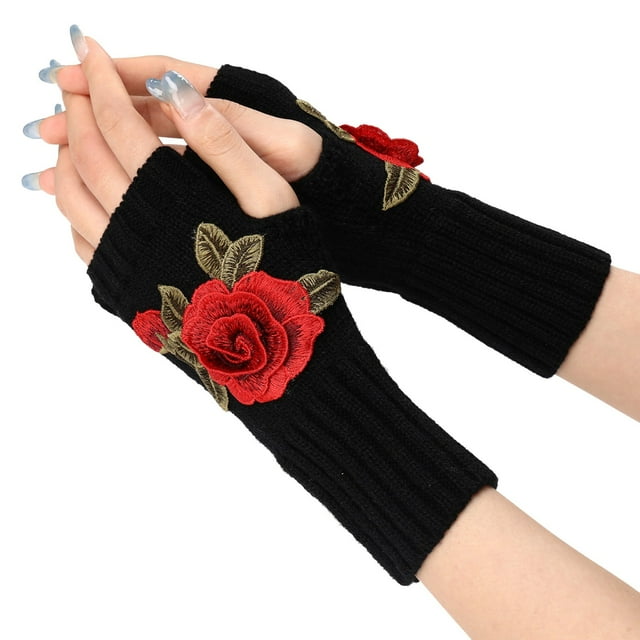 Gants Sans Doigts en Tricot Chaud pour Dames Mitaines Convertibles Mode Fleurs