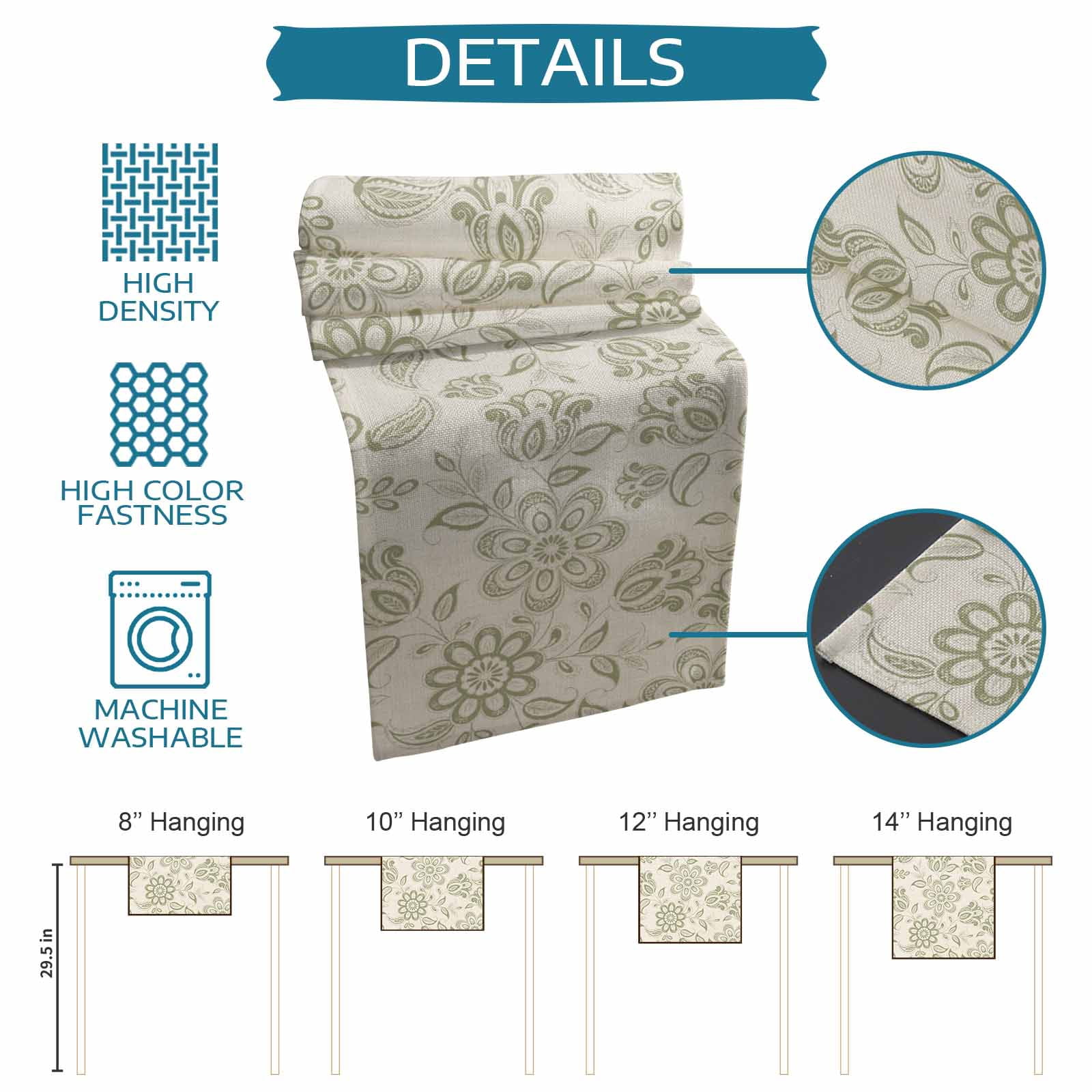 nqOlkjepod Green Flowers Table Runner 72 Inches Long Farmhouse Dress Scarves, Vintage Country Ethnic Tribal Artwork Dining Tablerunner for Coffee Table/Kitchen Island/Party Décor, 13" x 72"