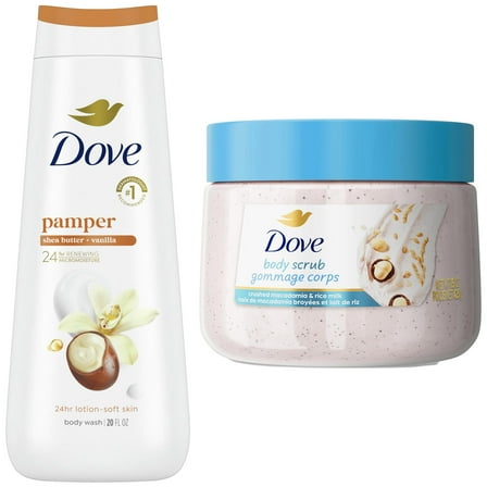 Dove Pampering Shea Butter Body Wash & Macadamia Nut Body Scrub, 2 Count