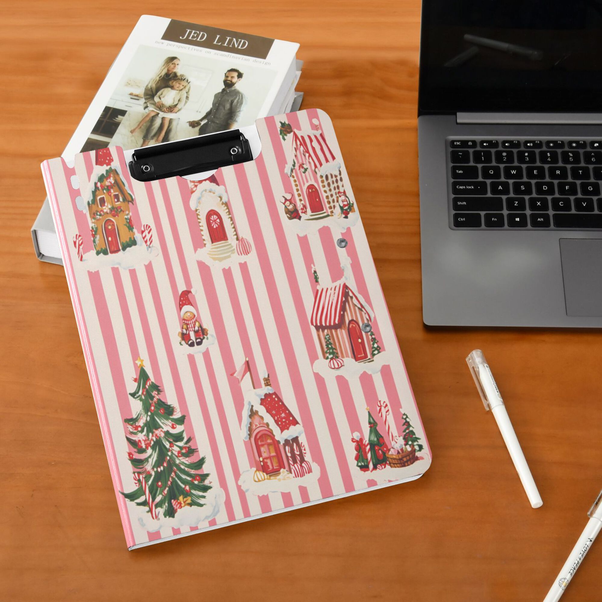 FORMRS A4 Clipboard Folder with Pen Holder Horizontal Foldable School Office Binder, White Gingerbread Houses