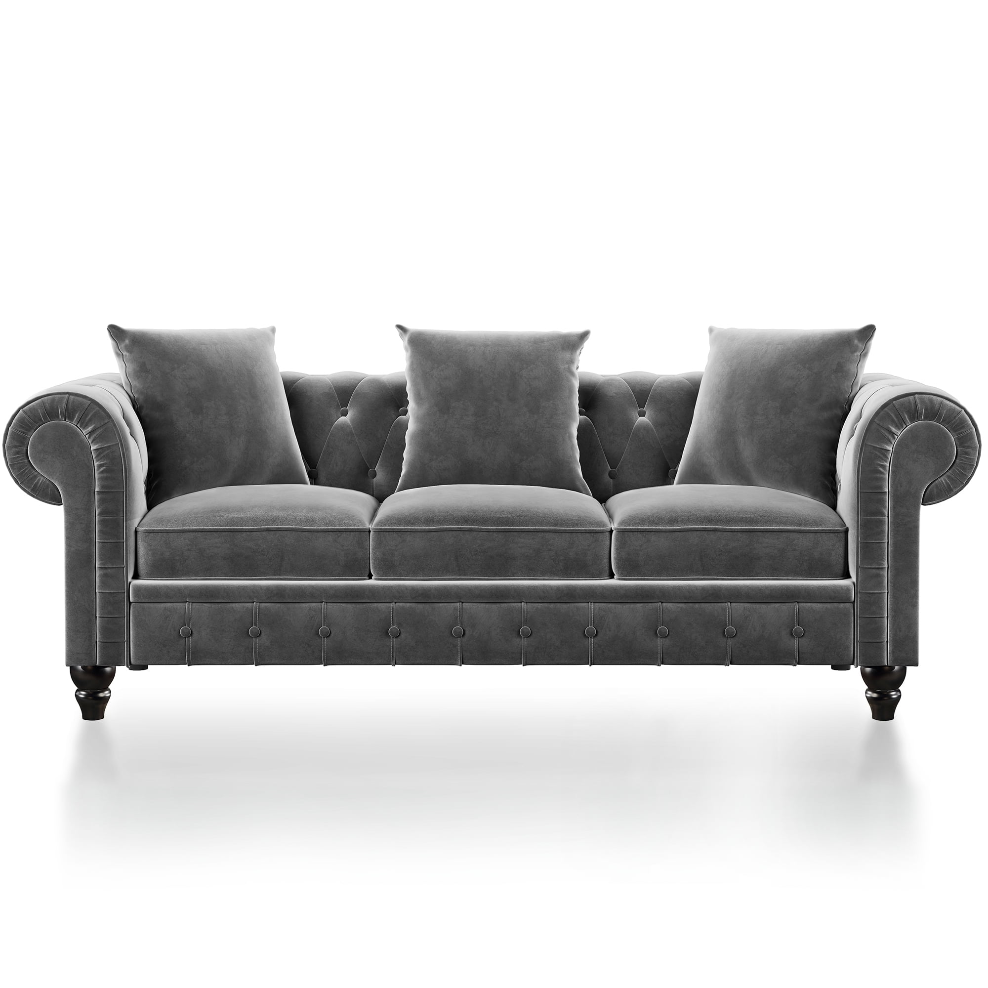 Kepooman Tufted Velvet Upholstered 3 Seat Sofa with 3 Pillows, Gray Kepooman Tufted Velvet Upholstered 3 Seat Sofa with 3 Pillows, Gray