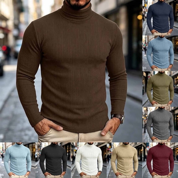 Men's Stretch Muscle Tshirts Turtleneck Long Sleeve Knit Tees Casual Slim Fit Basic Shirt Tops Business Casual Workwear
