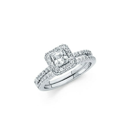 14K Solid White Gold Halo Solitaire Cubic Zirconia Engagement Ring with Matching Wedding Band, Size
