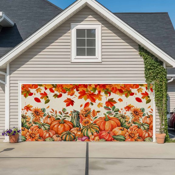 Garage Door Banner Thanksgiving Orange Pumpkin Sunflower Garage Door Banner Cover for Outdoor Indoor, Watercolor Maple Leaf Large Backdrop Banners 6.9x16ft