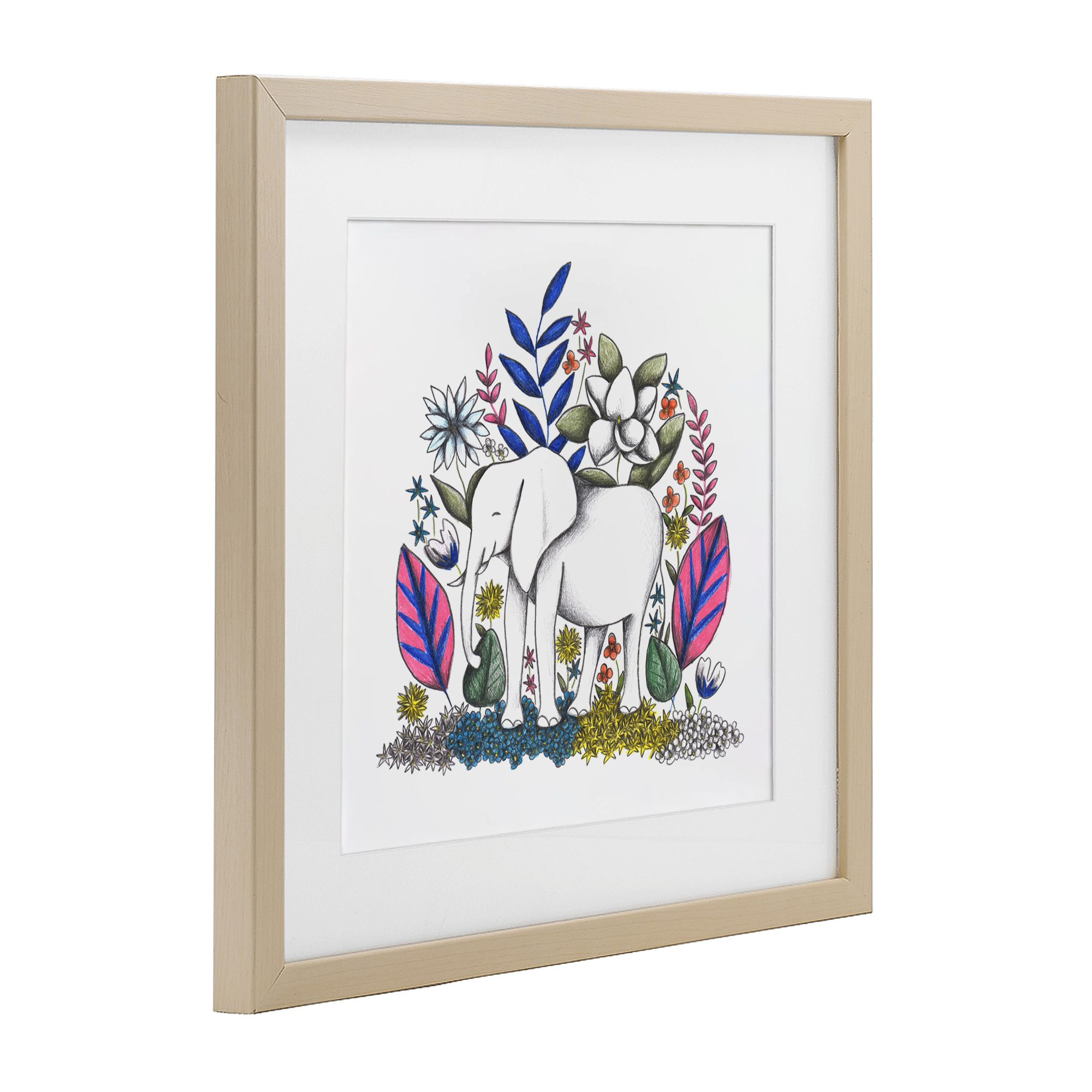 Elephant in Midst of Flowers Birch Framed Print Under Glass, design by Cecilia Battaini