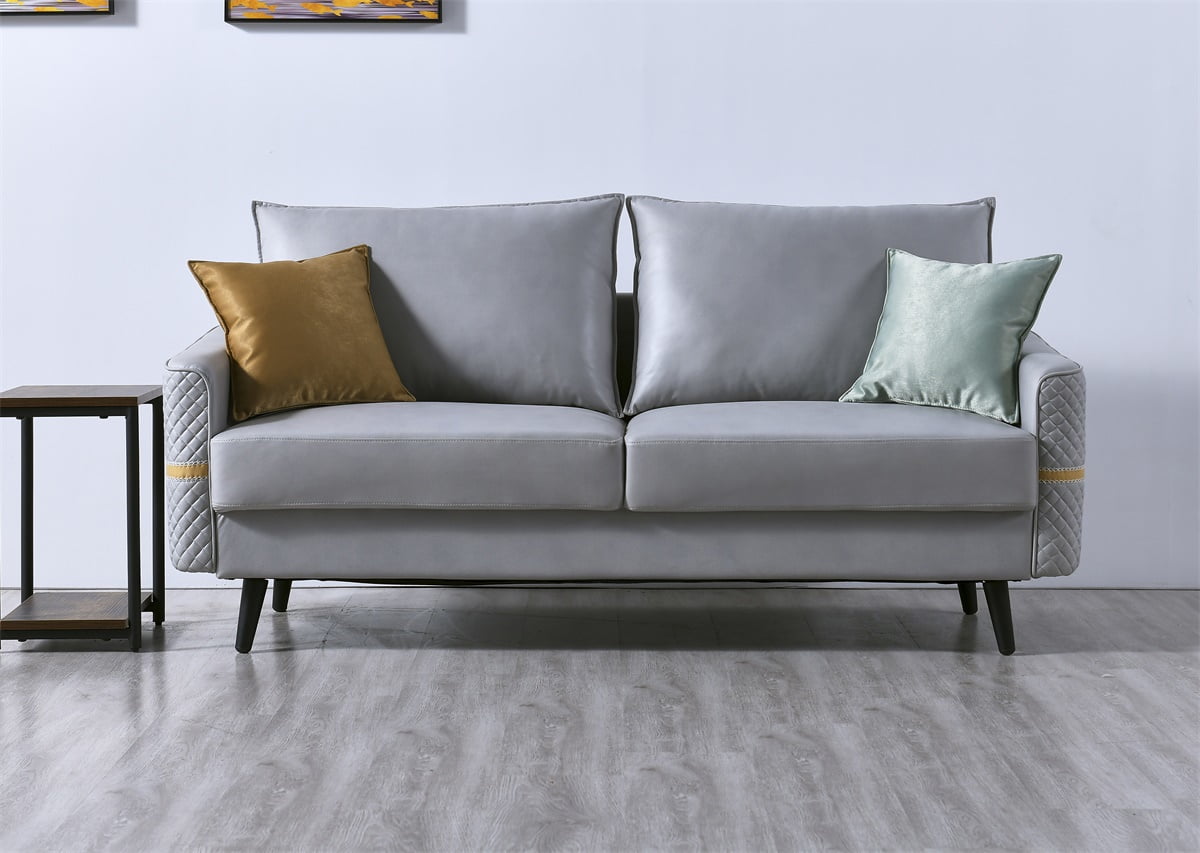 Living Room Leather Sofa Couch, 3-Seat Tufted Love Seat with 2 Pillows, Light Blue Living Room Leather Sofa Couch, 3-Seat Tufted Love Seat with 2 Pillows, Light Blue