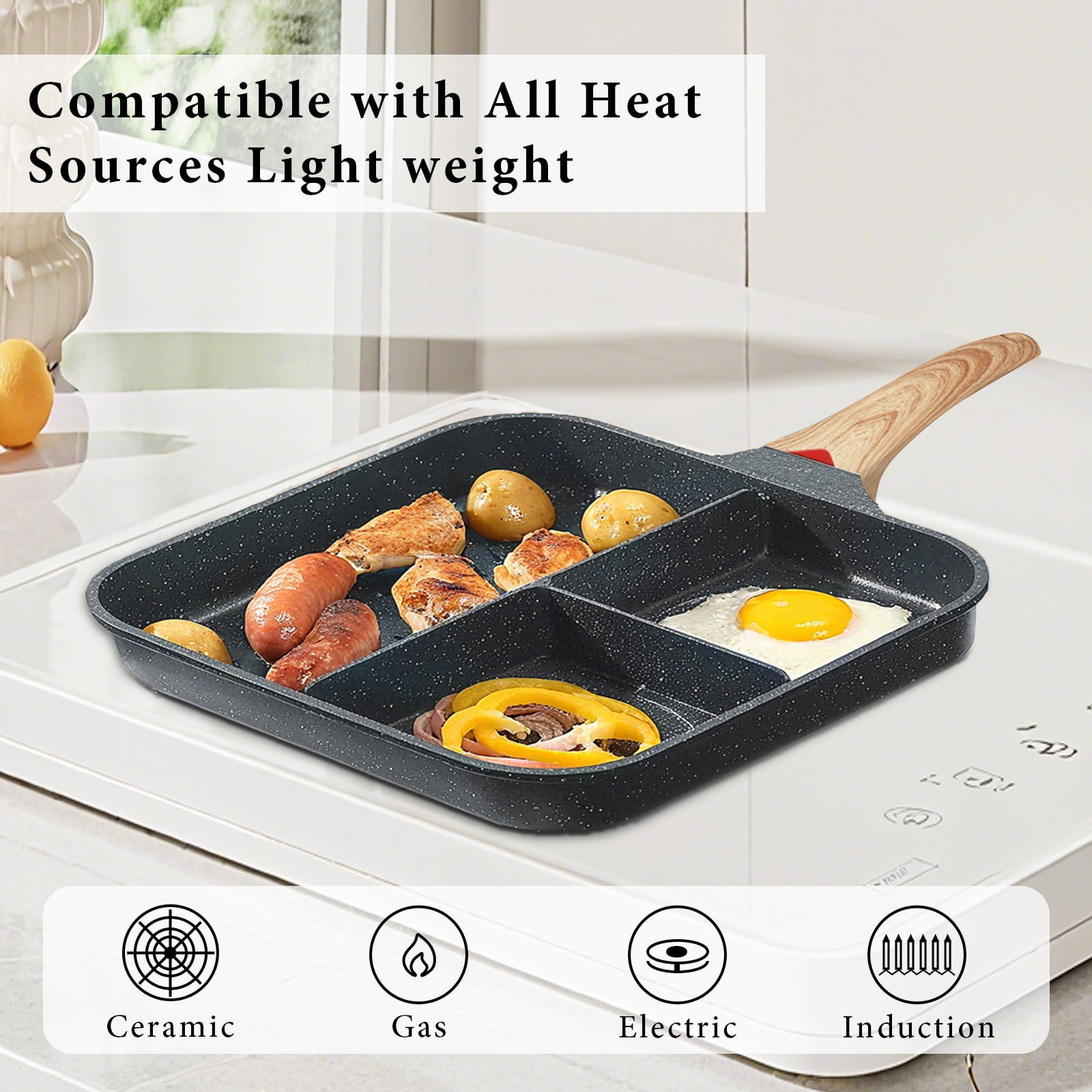 Yunjingjie 3-Section Versatile Breakfast Skillet Nonstick 11-Inch Square Grill Pan Die-cast Aluminum