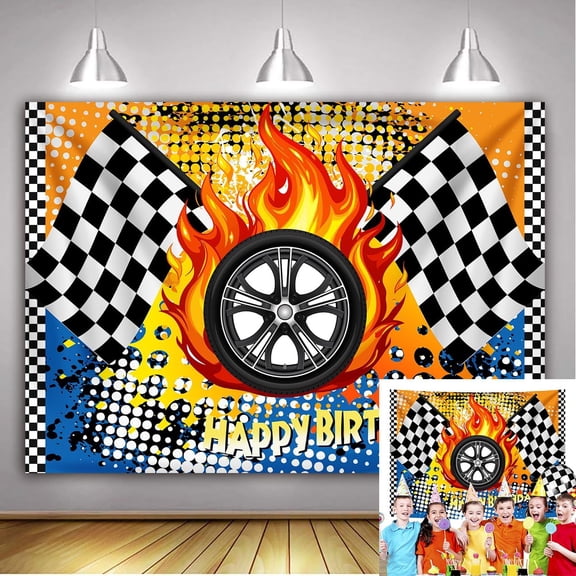 Race Car Wheels Birthday Backdrop Orange Blue Racing Happy Birthday Background Birthday Party Decorations Supplies Cake Table Banner Photo Booth Props