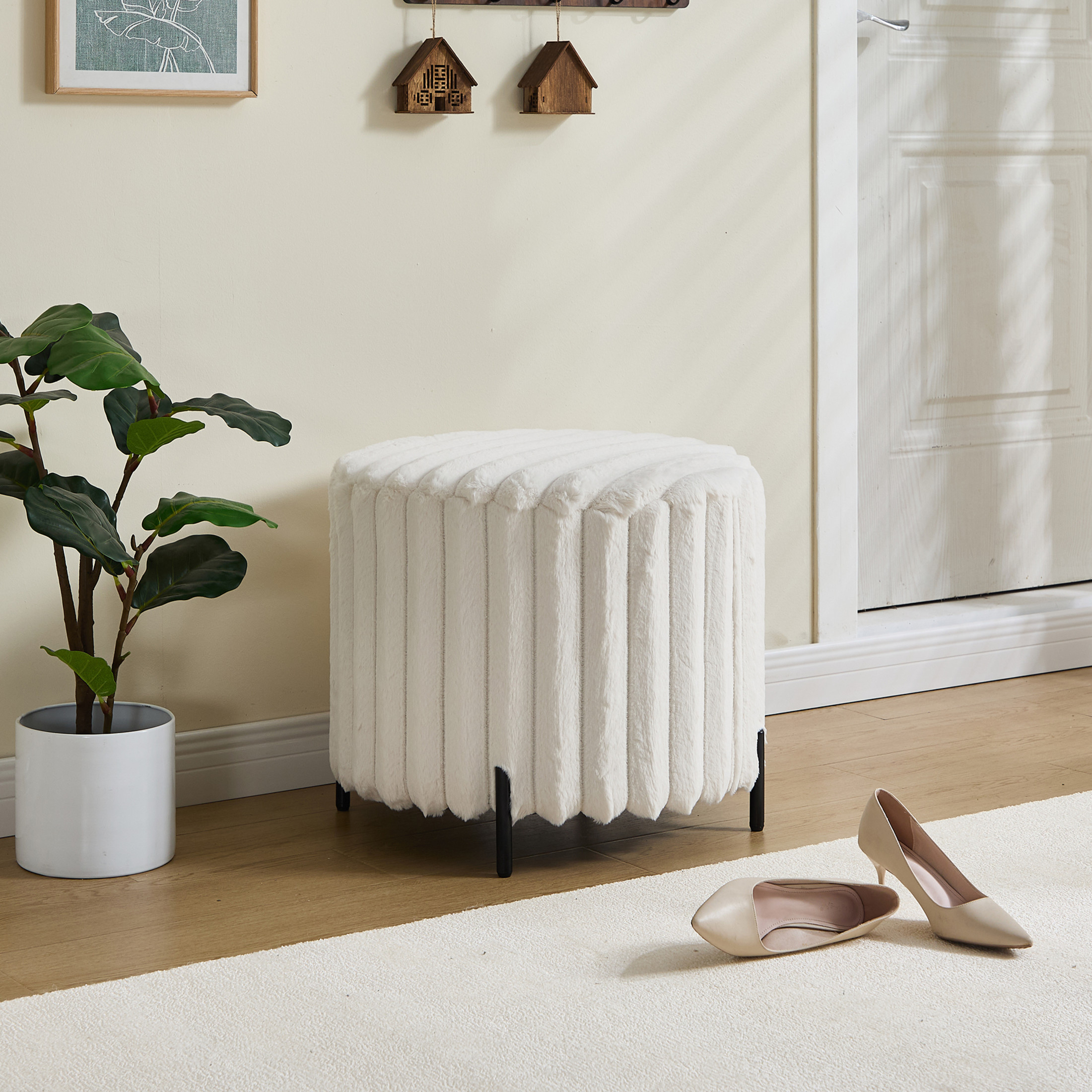 Noble House Linlyn 22" Faux Fur Round Pouf Ottoman, Wide Upholstered Foot Rest with Black Metal Legs, Beige