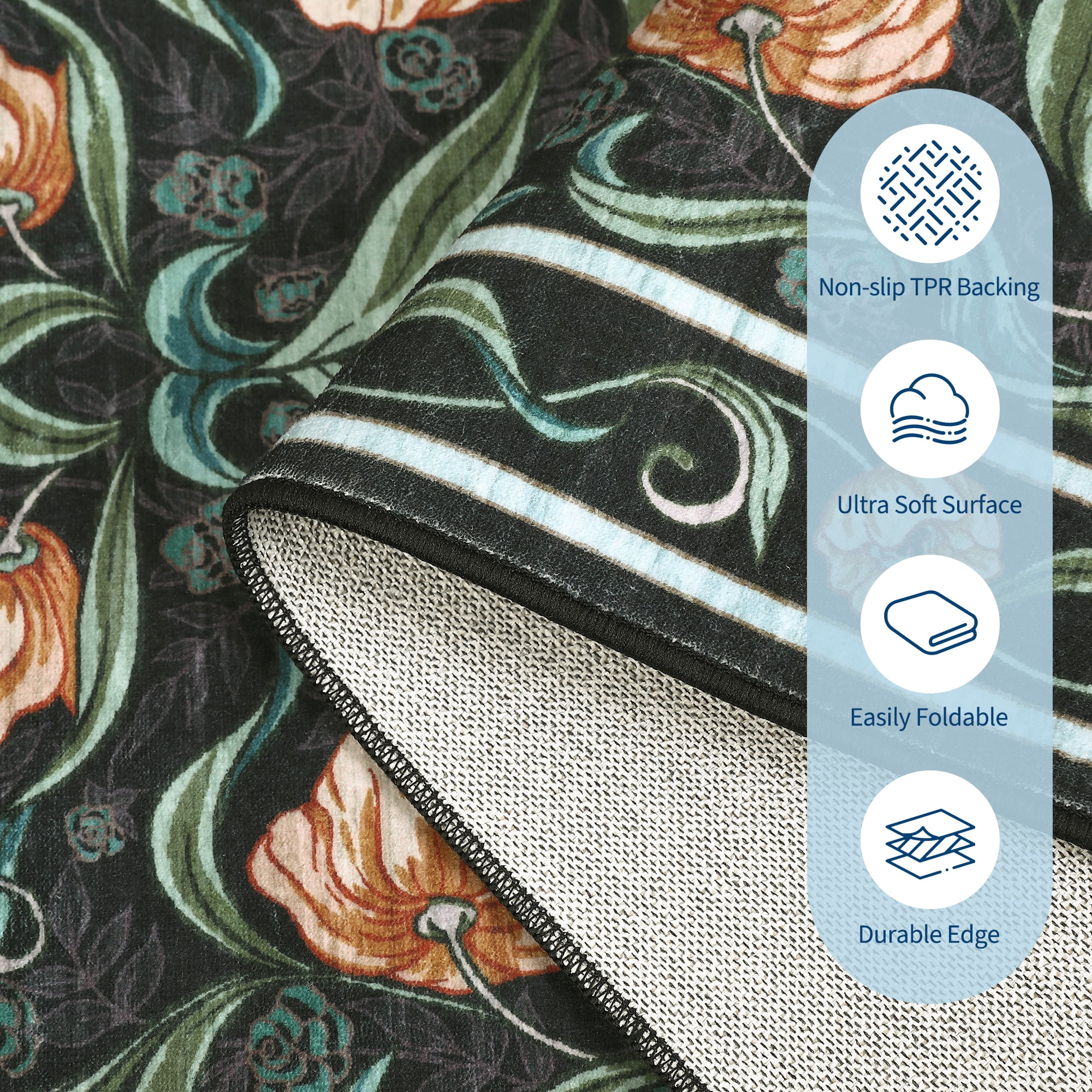 Memoryfield Modern Floral Area Rug 8' x 10', Washable Floor Cover, Soft Low-Pile Non-Slip Carpet, for Living Room Bedroom Dining Room, Black