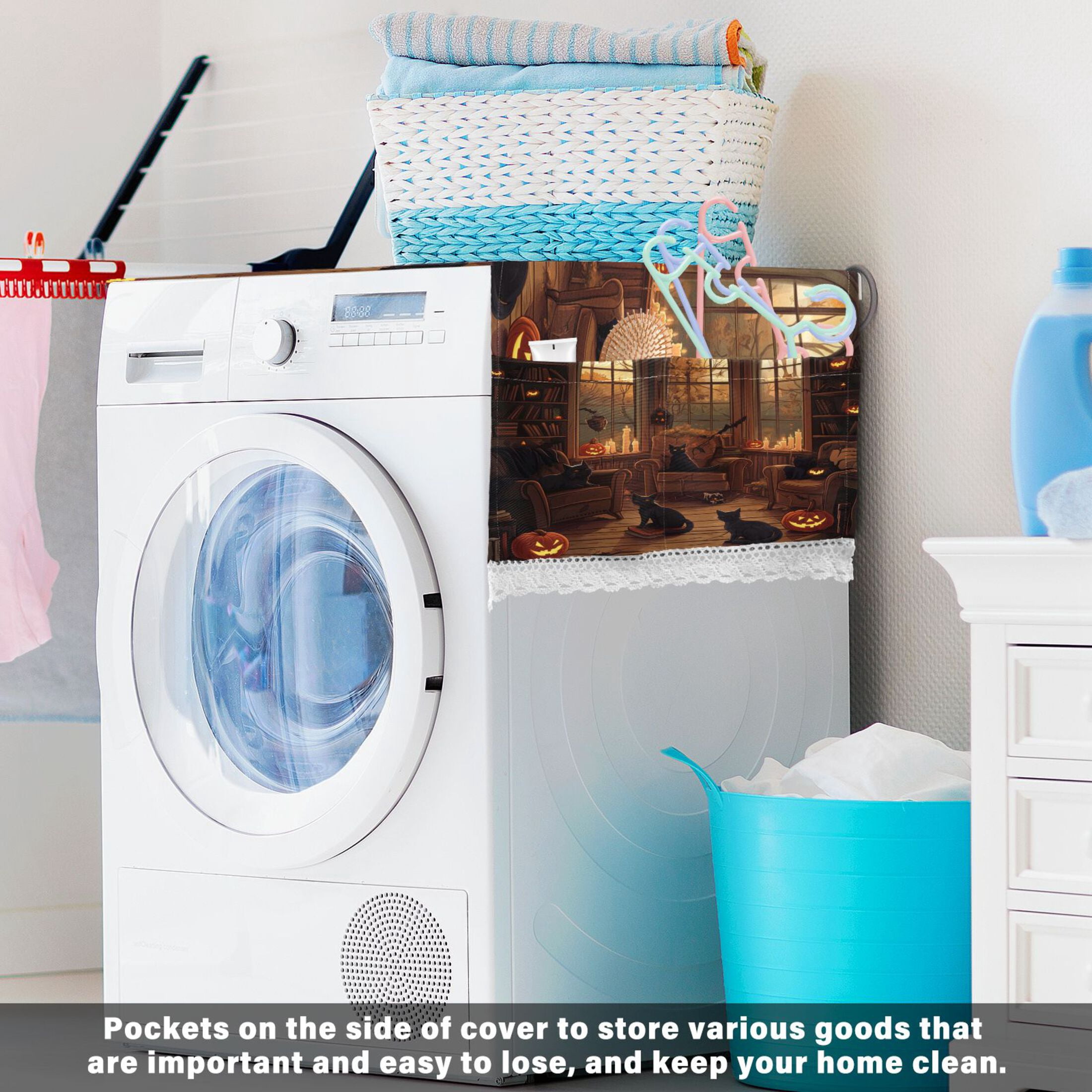 Halloween CatWasher and Dryer Covers Dust-Proof and Oil Resistant Fridge Cover with 4 Storage Pockets Washing Machine Top Cover for Laundry Kitchen Home 51.2 x 22 In