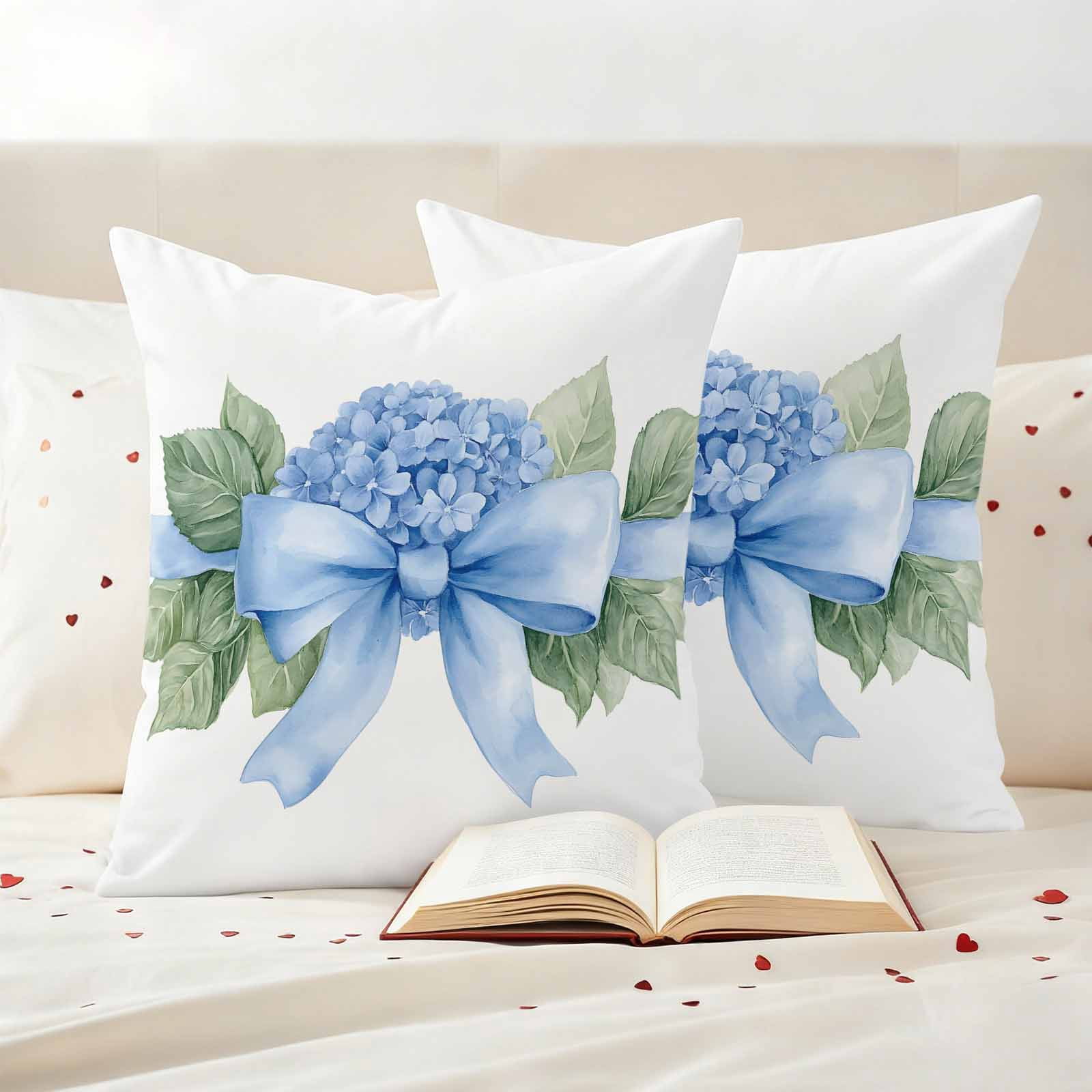 Hydrangea Spring Outdoor Waterproof Pillow Covers, Idyllic Flower Floral Bow Plant Leaf Decorative Square Throw Pillowcase Sofa Cushion Sham for Patio/Couch/Chair, 24"x24" 2 Pack