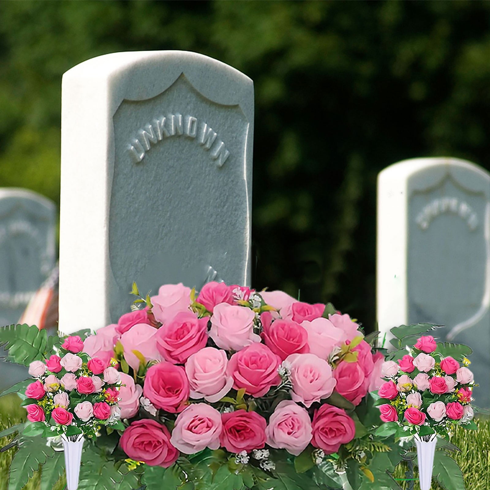 3PCS/Set Artificial Cemetery Flower Saddles, Memorial Grave Flowers with Rose Bouquet for Tombstone Headstone Decorations, for Outdoor Cemetery Vase, Long-Lasting Grave Decorations and Remembrance