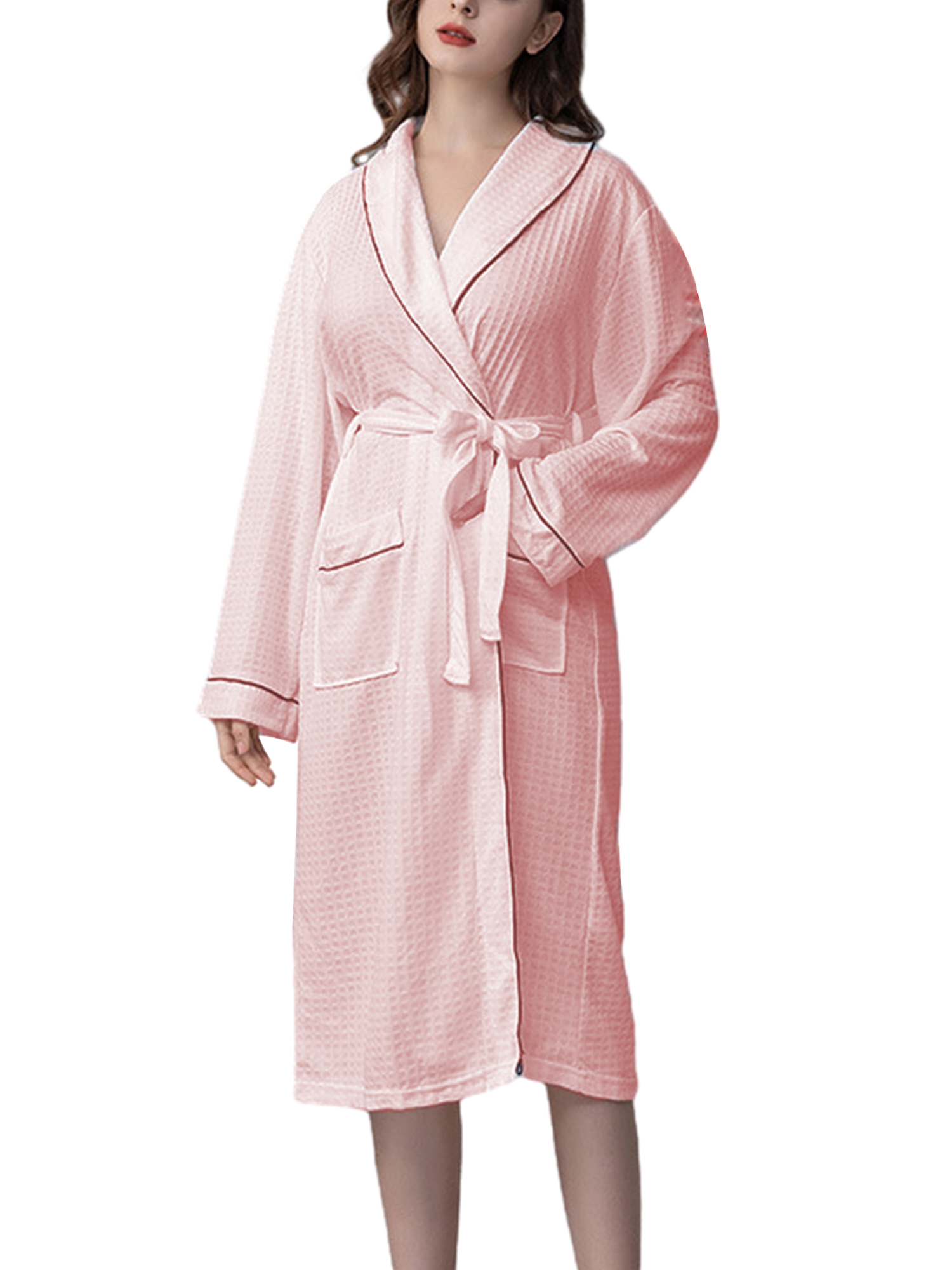 Focusnorm Women Dressing Gown Waffle Robe Patchwork Shawl Collar Bathrobe For Hotel Spa Party