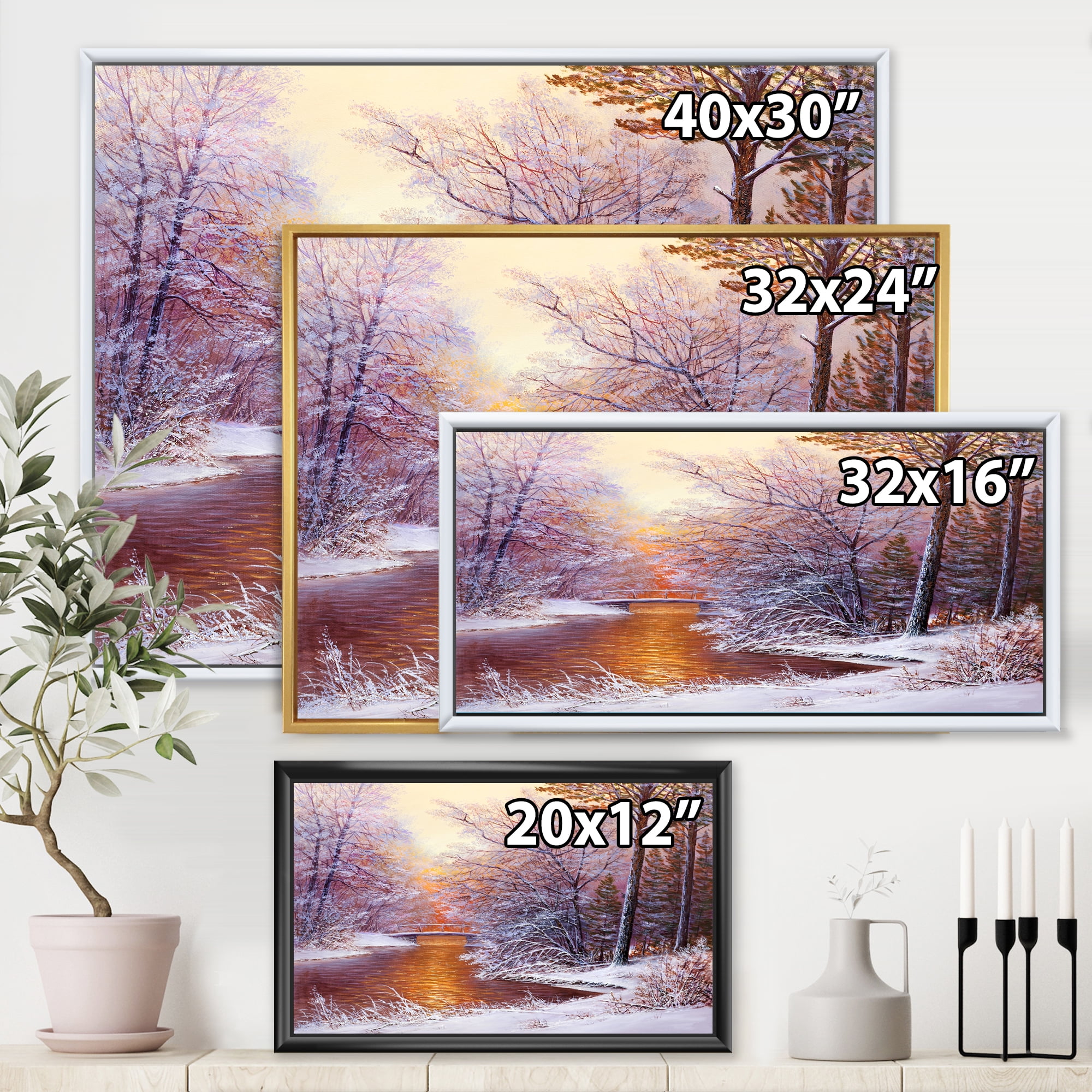 Designart 'Christmas Forest With Trees and River II' Traditional Framed Canvas Wall Art Print