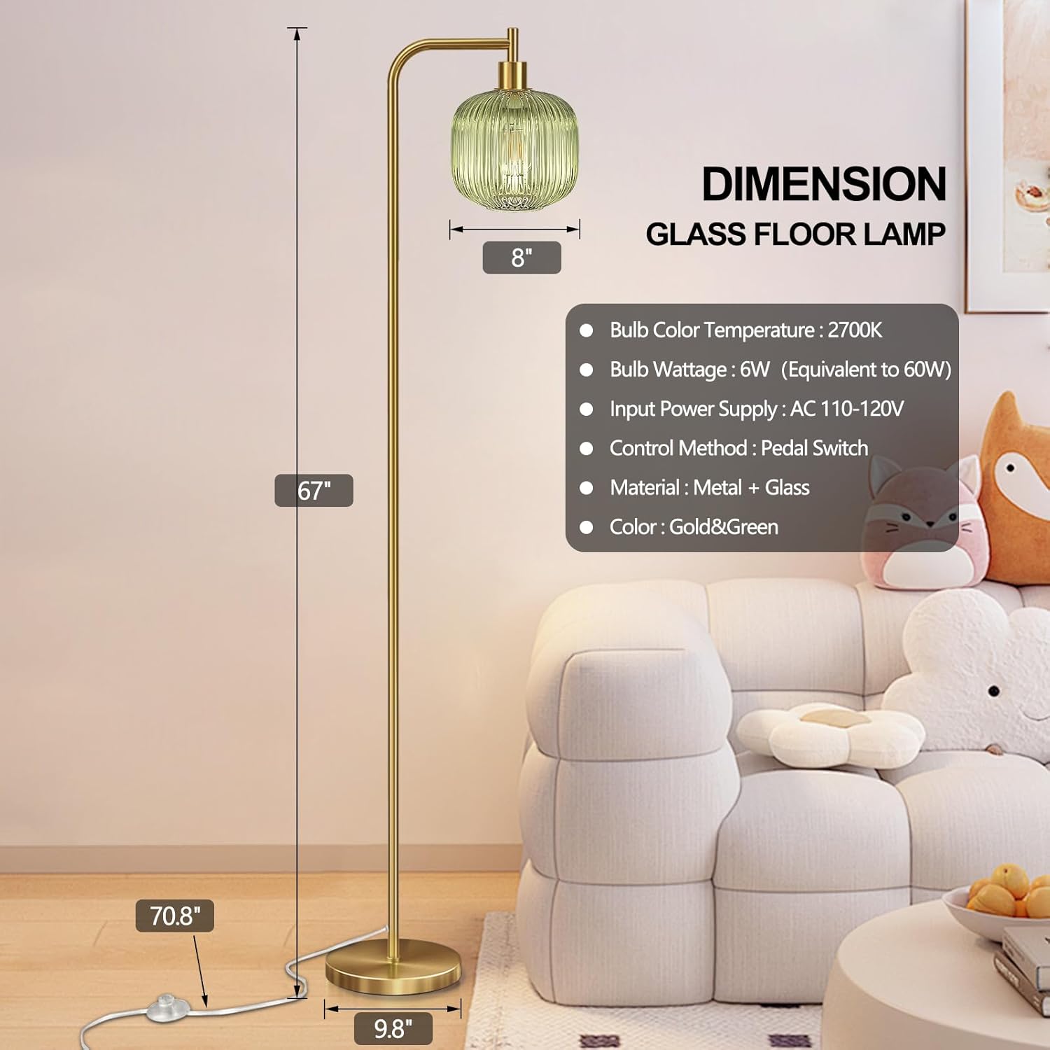 67” Modern Floor Lamp for Living Room Glass Standing Lamp Gold