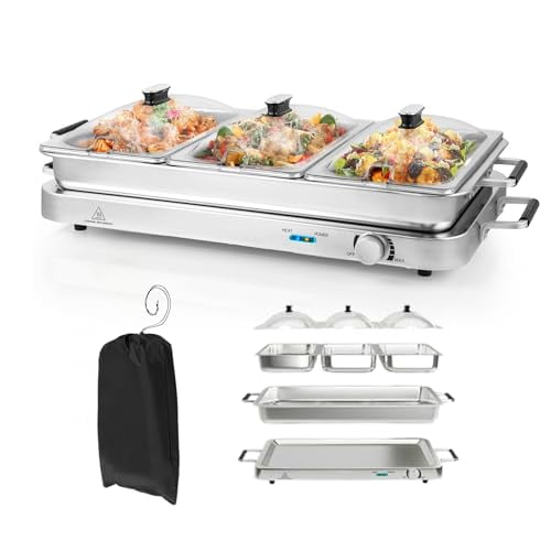 Food Warmer, 2-in-1 Buffet Warmer w/ 3 Food Pans & Lids, Adjustable Temperature & Dishwasher Safe, 8 Qt Stainless Steel Electric Warming Tray for Parties Banquets Catering Events,