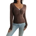 thumbnail image 3 of Women'S Long Sleeve Shirt V-Neck Buttons Ribbed Knit Slim Fit Casual Basic Spring Autumn Tops Brown M, 3 of 9