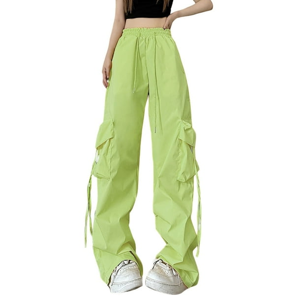 Gibobby Pantalones tipo cargo mujer 2023 Pantalones cargo Mujer Ropa holgada de ajuste relajado Pantalones negros Cintura alta Cremallera Cintura delgada con cordón(Verde,CH)