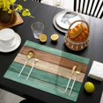 thumbnail image 3 of Farmhouse Teal Brown Placemats Set of 4, Vintage Wooden Striped Placemats for Dining Table, Place Mats for Kitchen Tabletop, Waterproof Wipeable Dining Table Mats Set, 3 of 9