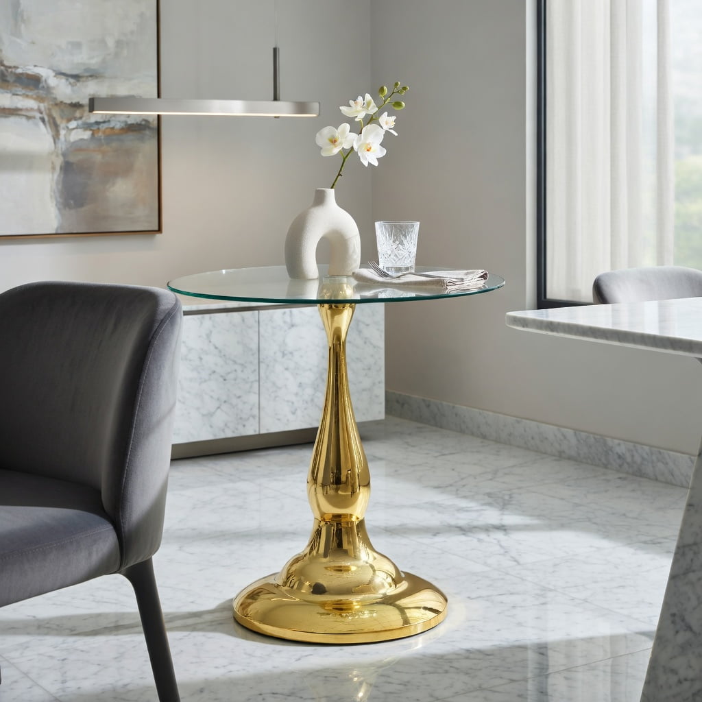 Hommoo Modern Metal Side Table with Tempered Glass Top, 20.3 in Height, Round 19.6 in Diameter, Indoor & Outdoor Use, Gold