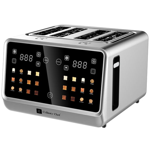 Culinary Chef 4 Slice Touchscreen Toaster, 1,800 Watt Dual Independent Toaster with Extra Wide Self-Centering Slots, Stainless Steel