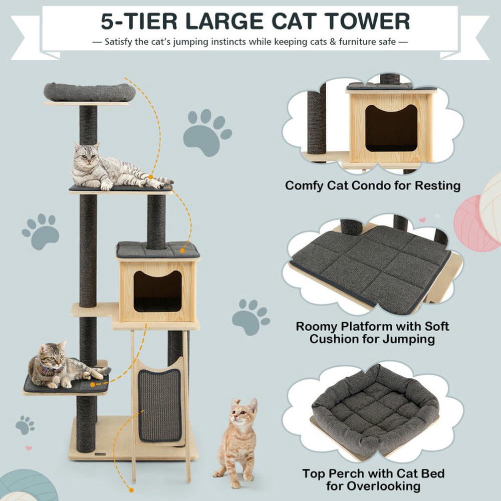 Spaco Cat Tree, 55-Tier Modern Wood Cat Tower with Washable Cushions-Gray, Cat House with Platform Bed, Large Cozy Condo