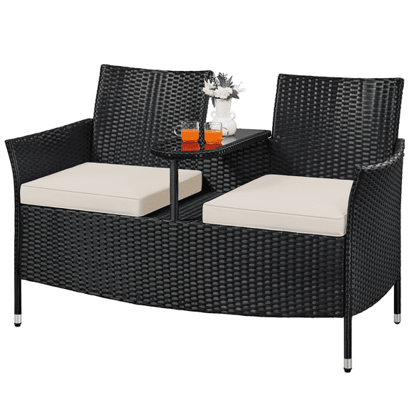 Alden Design Wicker Patio Conversation Furniture Double Chairs with Side Table for Garden, Black